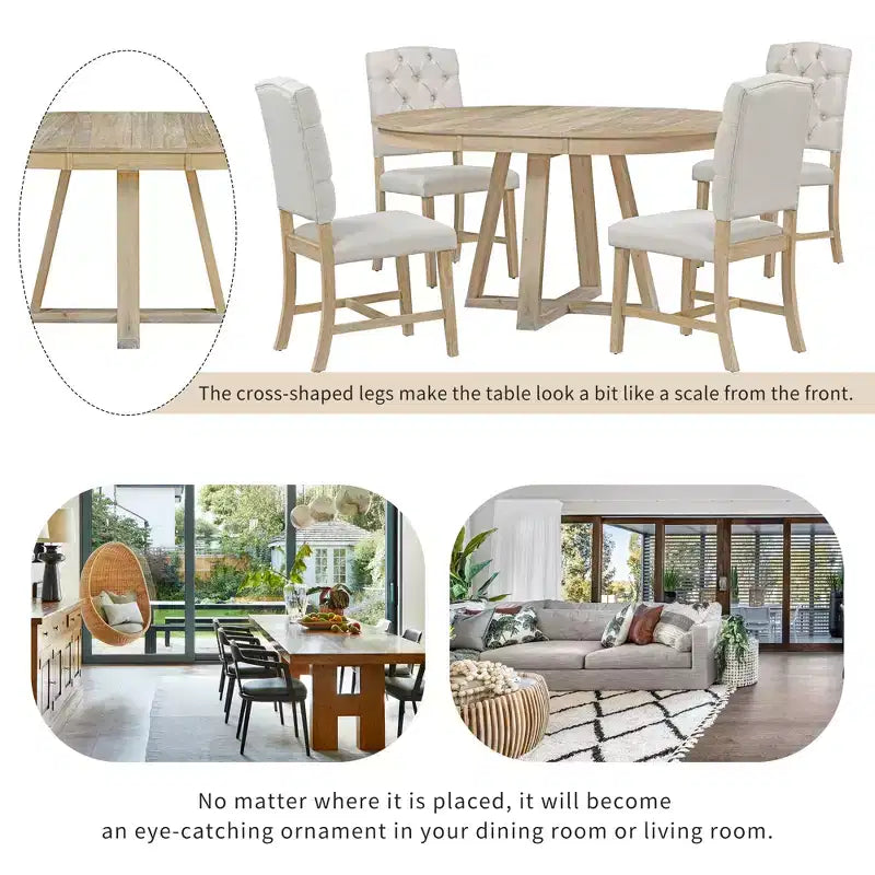 5 Pieces Extendable Dining Set for 4, Round Table with Leaf and 4 Upholstered Chairs