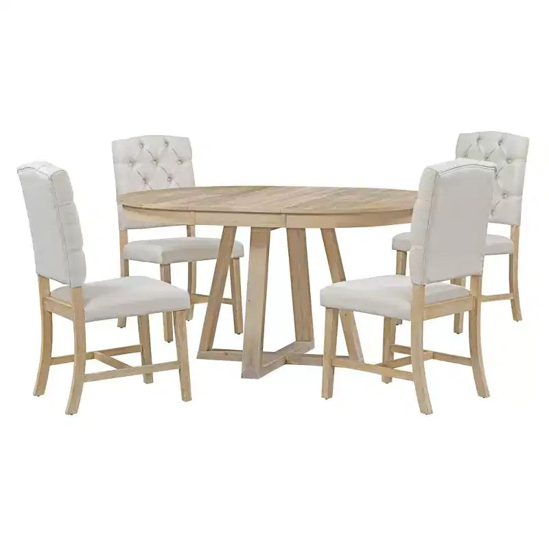 5 Pieces Extendable Dining Set for 4, Round Table with Leaf and 4 Upholstered Chairs
