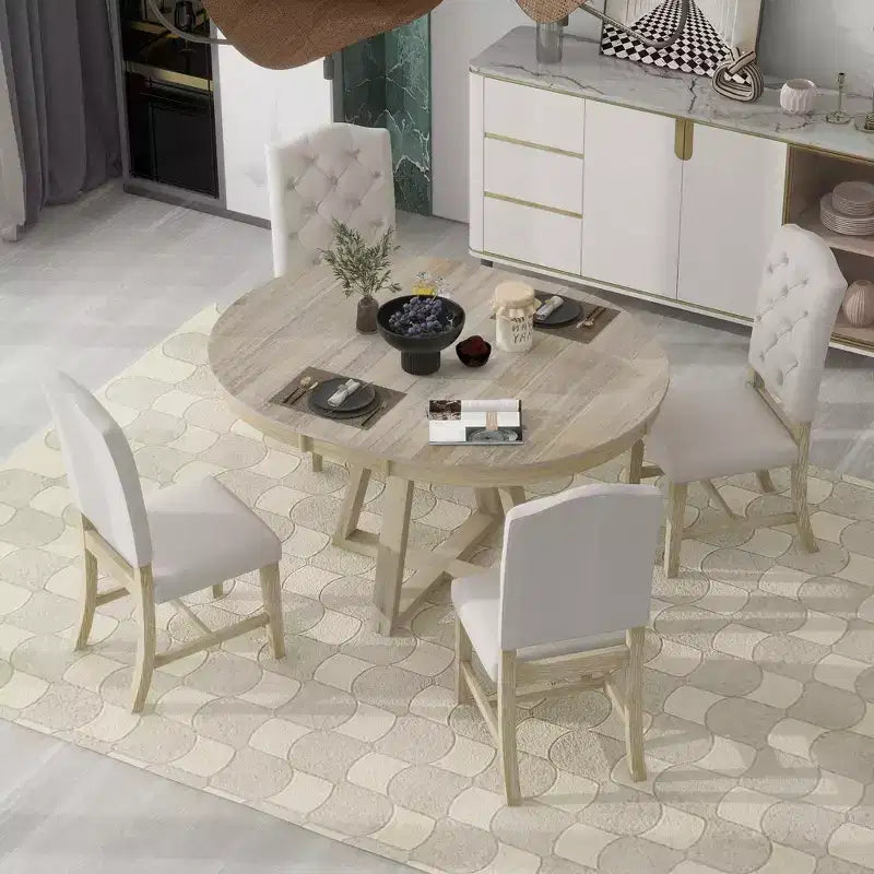 5 Pieces Extendable Dining Set for 4, Round Table with Leaf and 4 Upholstered Chairs