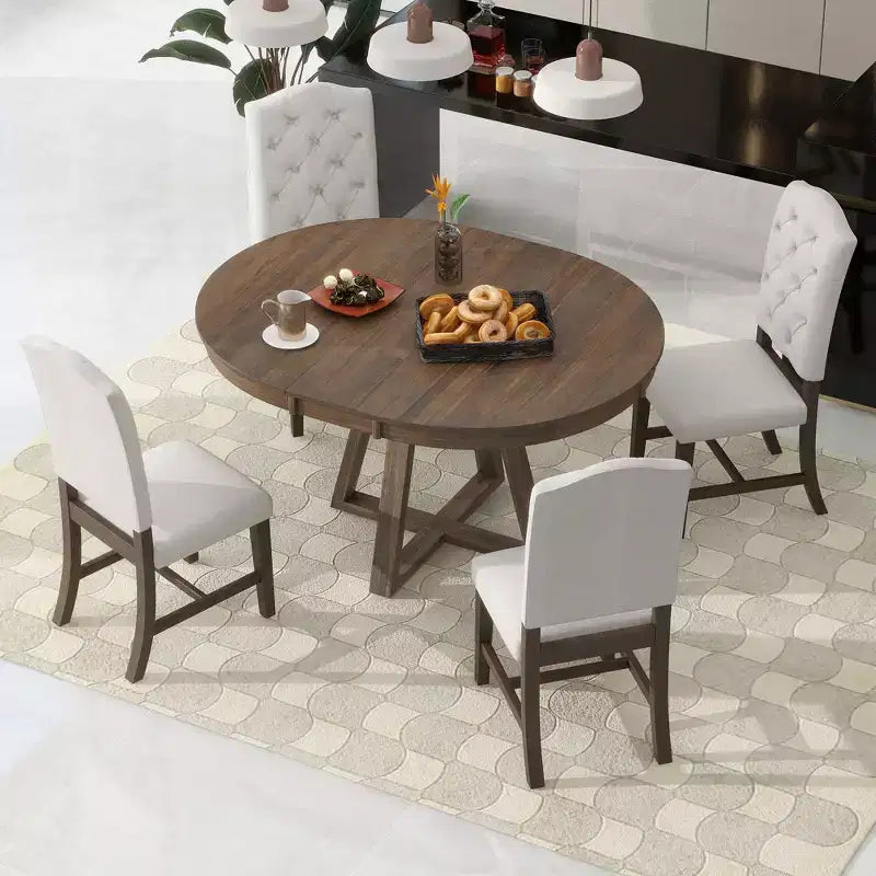 5 Pieces Extendable Dining Set for 4, Round Table with Leaf and 4 Upholstered Chairs