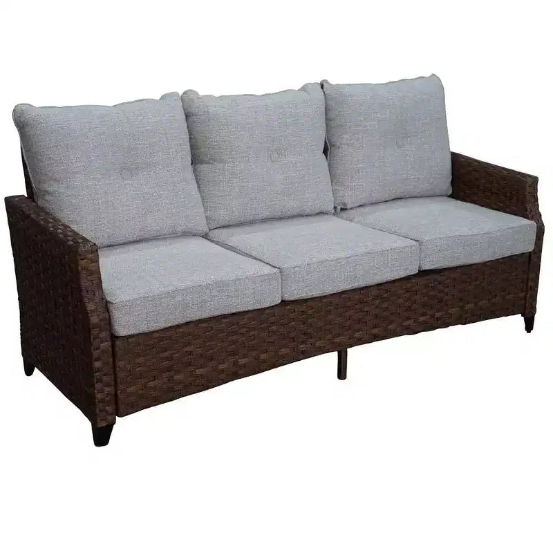 Courtyard Casual Costa Mesa 5 pc Sofa Set - Brown One Sofa, Two Club Chairs, One End Table, & One Fire Pit frame with solution dyed Poly fabric