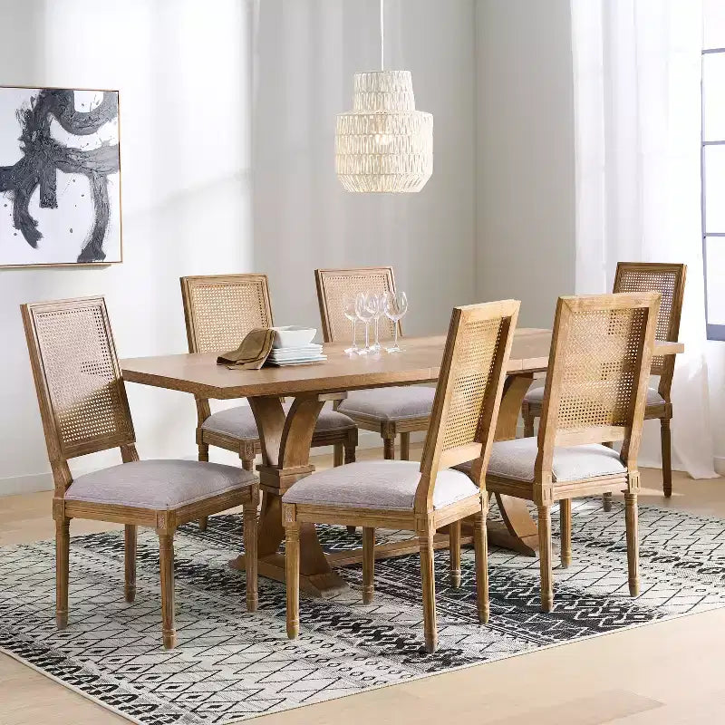 Christopher Knight Home Pampas French Country Fabric Upholstered Wood and Cane 7 Piece Expandable Dining Set