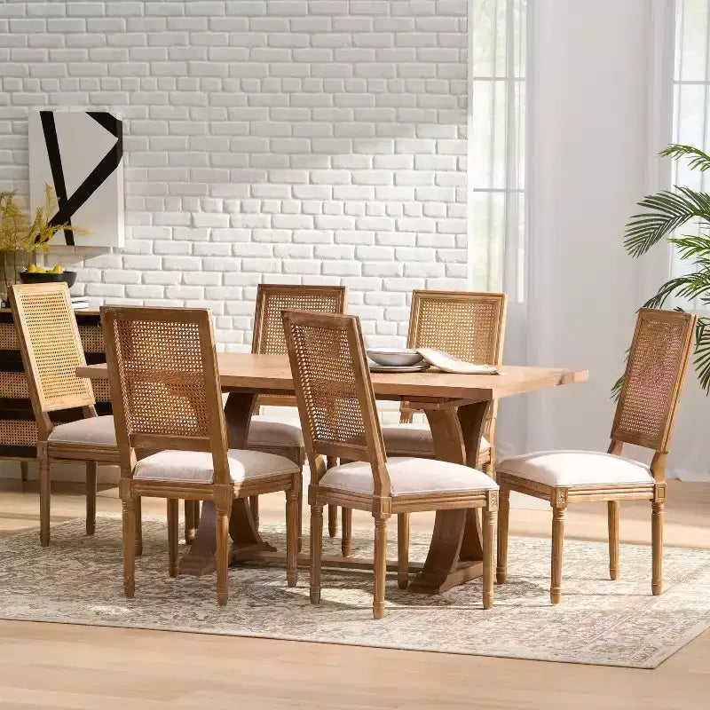 Christopher Knight Home Pampas French Country Fabric Upholstered Wood and Cane 7 Piece Expandable Dining Set