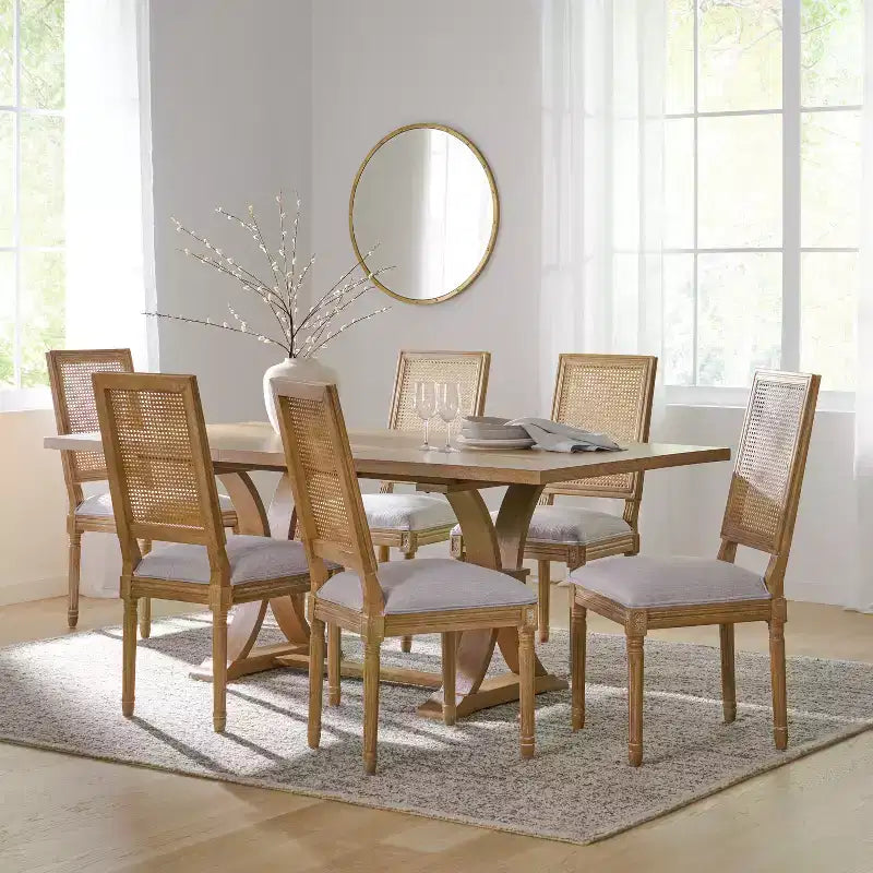 Christopher Knight Home Pampas French Country Fabric Upholstered Wood and Cane 7 Piece Expandable Dining Set