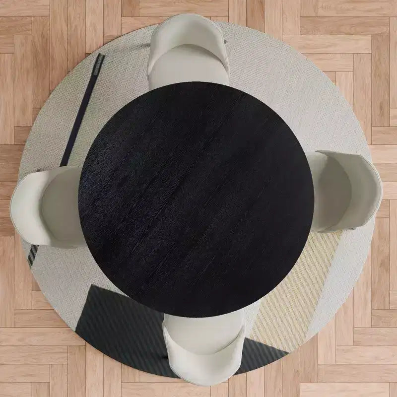 PexFix 46 Modern Round Dining Table Set with 4 Upholstered Chairs Black Textured Wood Top Pleated Pedestal Base Beige Seats for Kitchen Dining Room