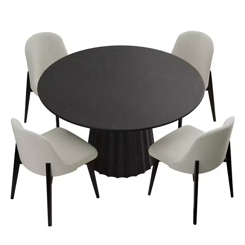 PexFix 46 Modern Round Dining Table Set with 4 Upholstered Chairs Black Textured Wood Top Pleated Pedestal Base Beige Seats for Kitchen Dining Room