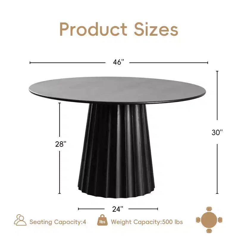 PexFix 46 Modern Round Dining Table Set with 4 Upholstered Chairs Black Textured Wood Top Pleated Pedestal Base Beige Seats for Kitchen Dining Room