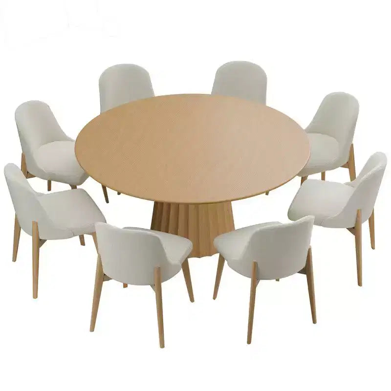 PexFix 60 Modern Round Dining Table Set with 8 Upholstered Chairs Natural Textured Wood Top Pleated Pedestal Base Beige Seats for Kitchen Dining Room