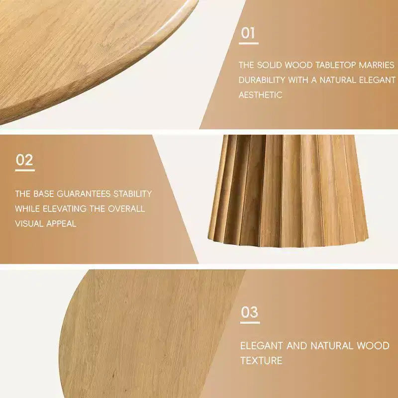 PexFix 60 Modern Round Dining Table Set with 8 Upholstered Chairs Natural Textured Wood Top Pleated Pedestal Base Beige Seats for Kitchen Dining Room