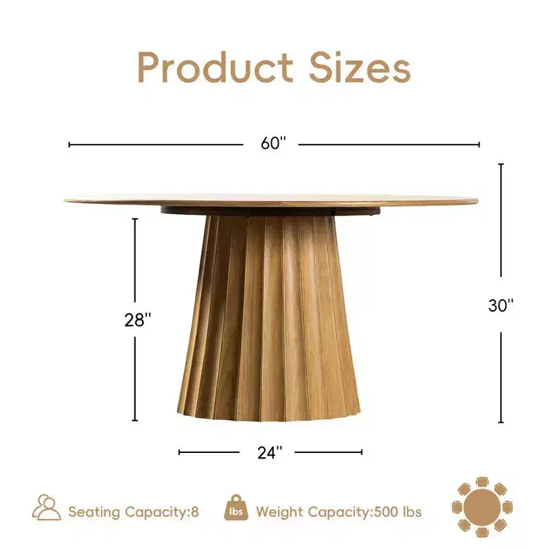 PexFix 60 Modern Round Dining Table Set with 8 Upholstered Chairs Natural Textured Wood Top Pleated Pedestal Base Beige Seats for Kitchen Dining Room