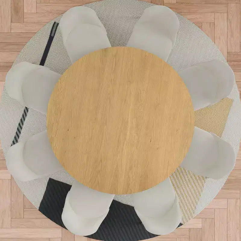 PexFix 60 Modern Round Dining Table Set with 8 Upholstered Chairs Natural Textured Wood Top Pleated Pedestal Base Beige Seats for Kitchen Dining Room