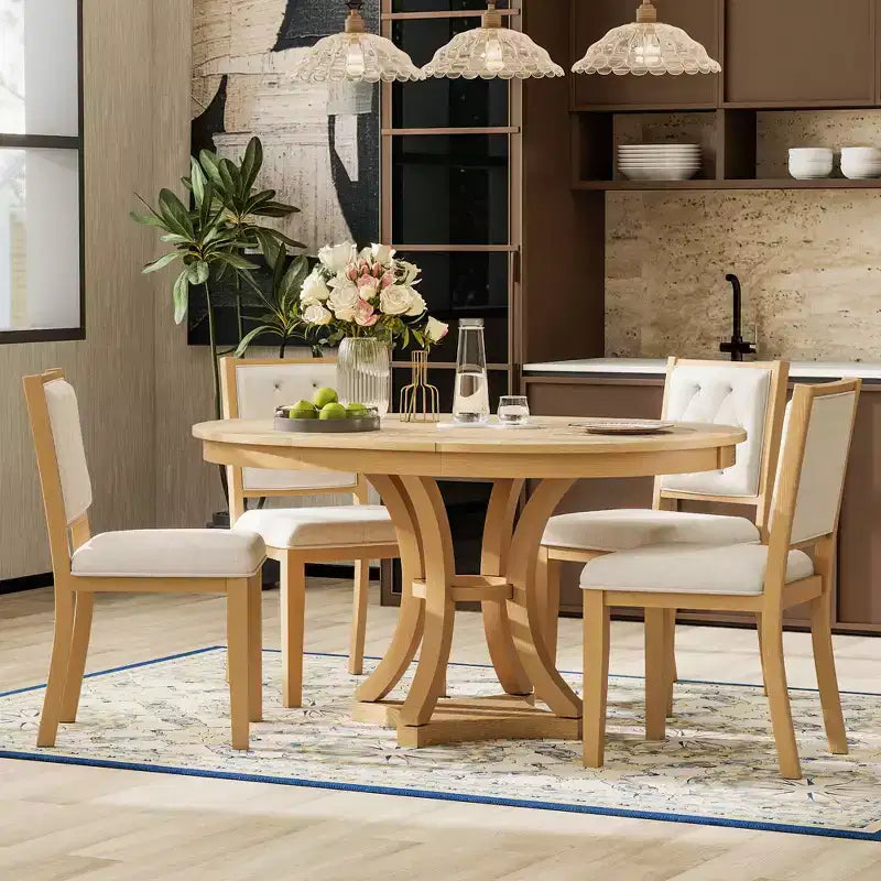5-Piece Retro Dining Set with Extendable Round Table and 4 Upholstered Chairs