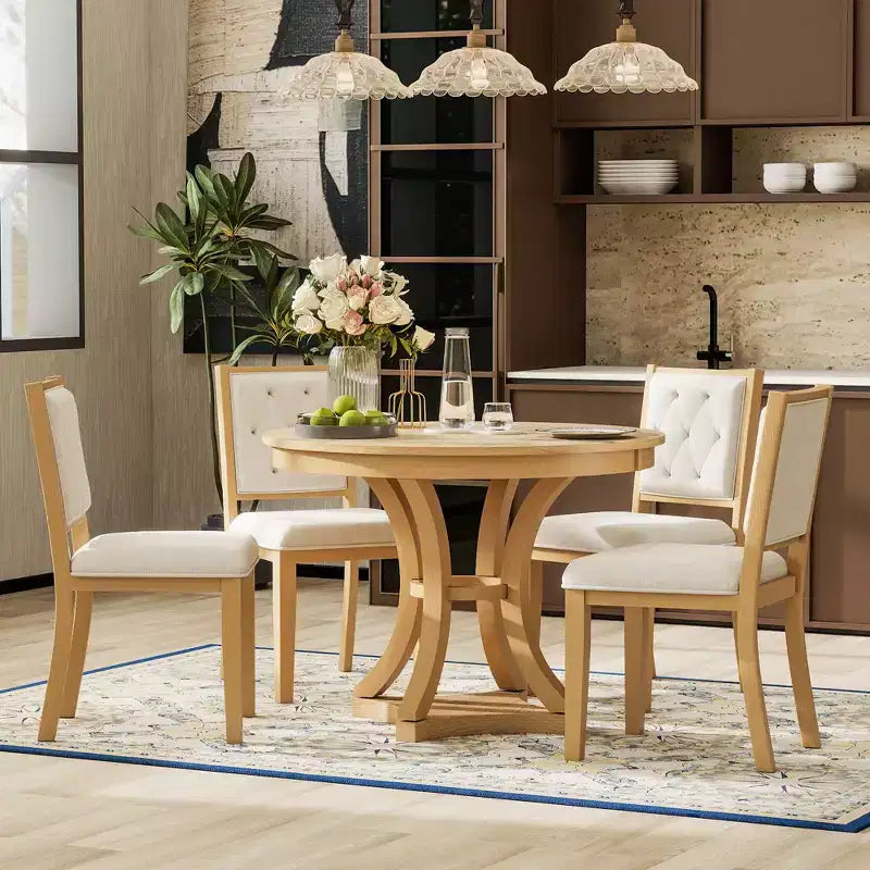 5-Piece Retro Dining Set with Extendable Round Table and 4 Upholstered Chairs