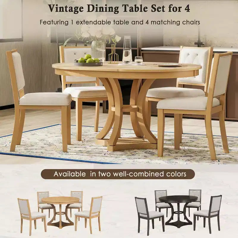 5-Piece Retro Dining Set with Extendable Round Table and 4 Upholstered Chairs
