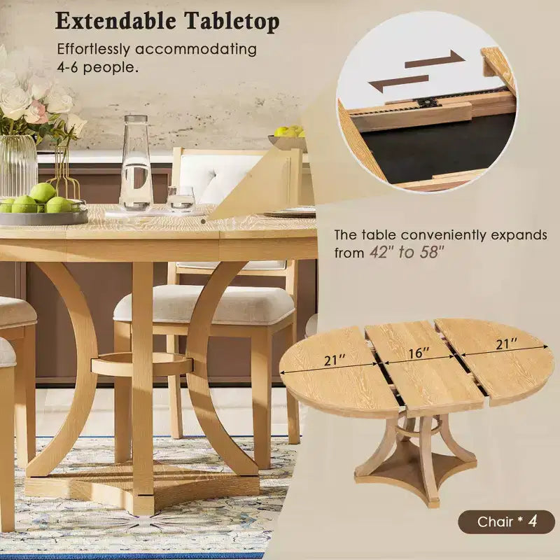 5-Piece Retro Dining Set with Extendable Round Table and 4 Upholstered Chairs