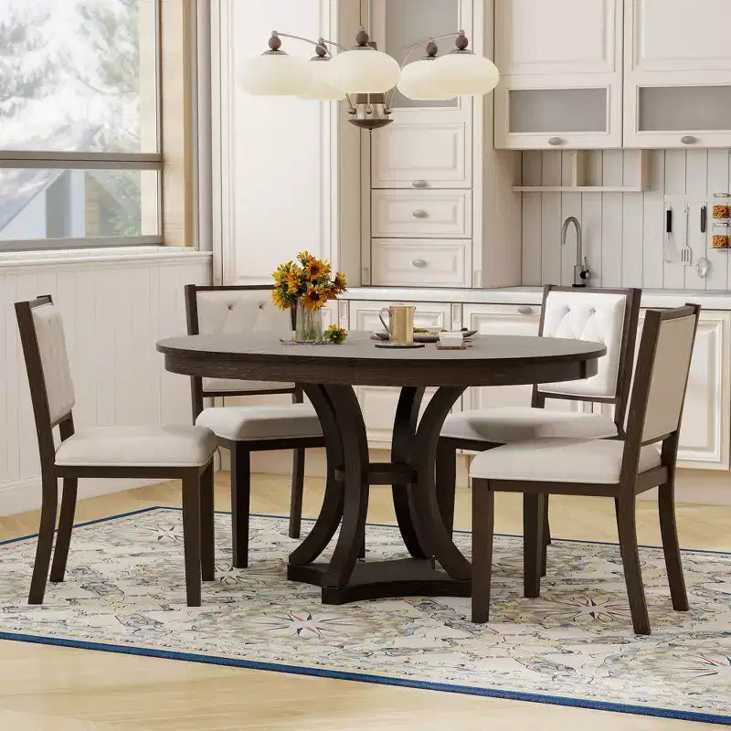 5-Piece Retro Dining Set with Extendable Round Table and 4 Upholstered Chairs