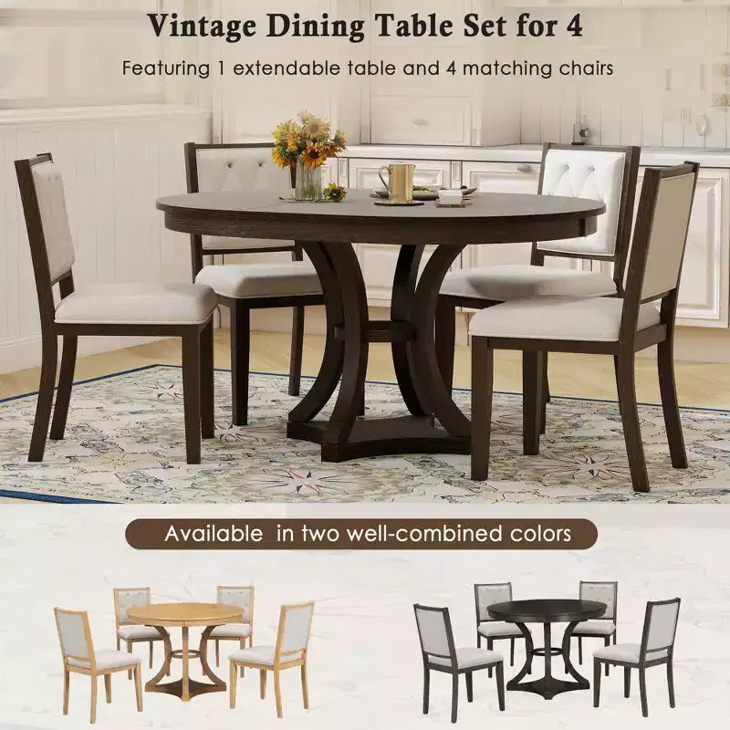 5-Piece Retro Dining Set with Extendable Round Table and 4 Upholstered Chairs