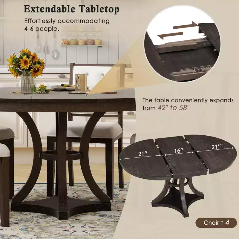 5-Piece Retro Dining Set with Extendable Round Table and 4 Upholstered Chairs