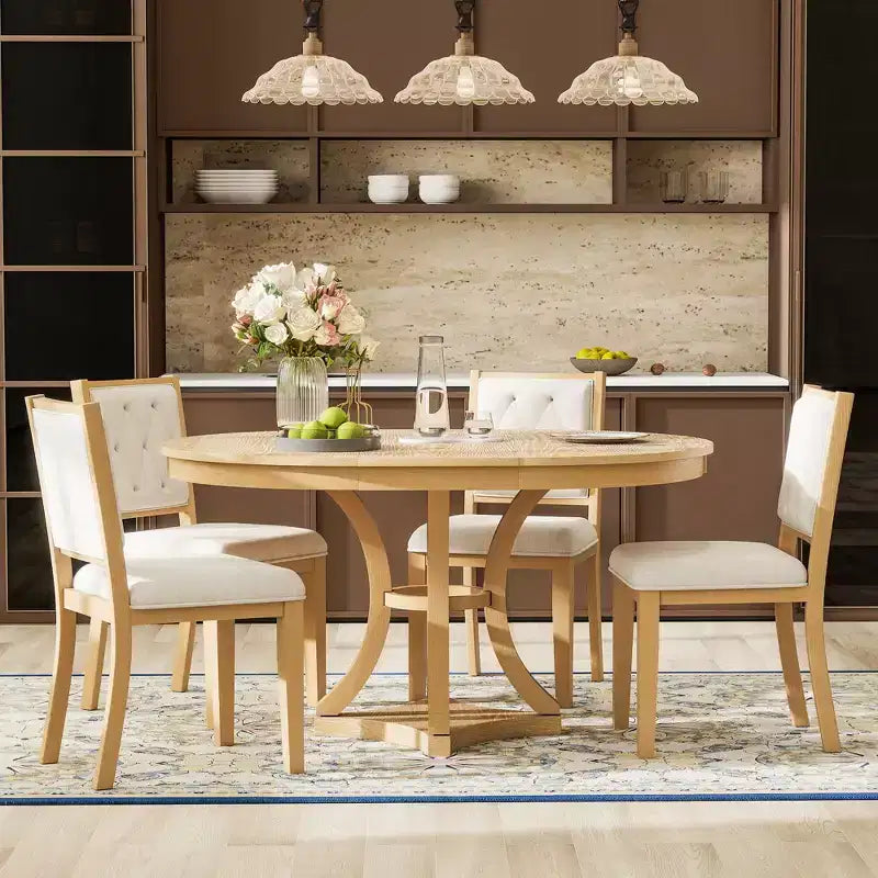 5-Piece Retro Dining Set with Extendable Round Table and 4 Upholstered Chairs