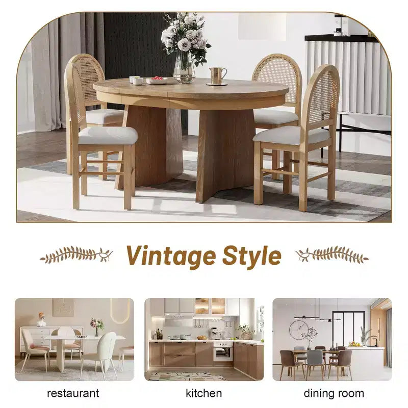 GDFStudio Harper 5 Piece Dining Set with Extendable Table and Upholstered Rattan-Back Chairs