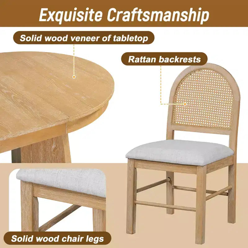 GDFStudio Harper 5 Piece Dining Set with Extendable Table and Upholstered Rattan-Back Chairs