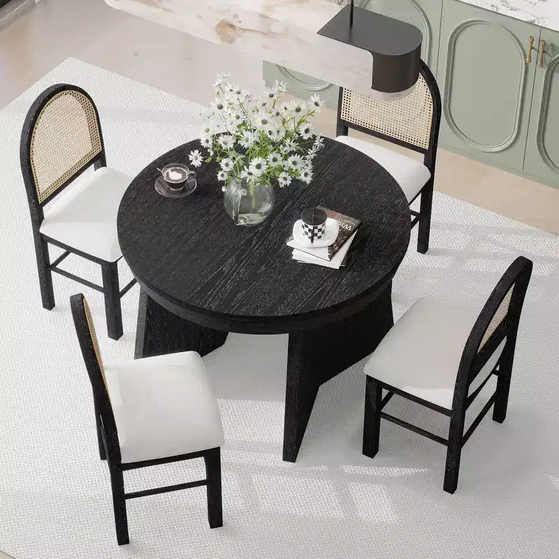 GDFStudio Harper 5 Piece Dining Set with Extendable Table and Upholstered Rattan-Back Chairs