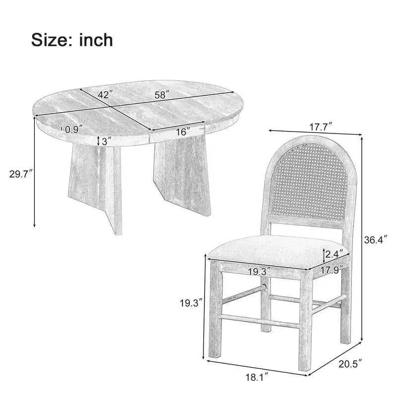 GDFStudio Harper 5 Piece Dining Set with Extendable Table and Upholstered Rattan-Back Chairs