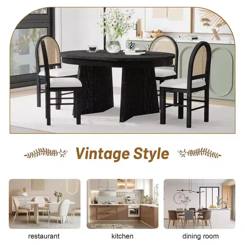 GDFStudio Harper 5 Piece Dining Set with Extendable Table and Upholstered Rattan-Back Chairs
