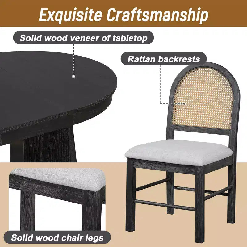 GDFStudio Harper 5 Piece Dining Set with Extendable Table and Upholstered Rattan-Back Chairs