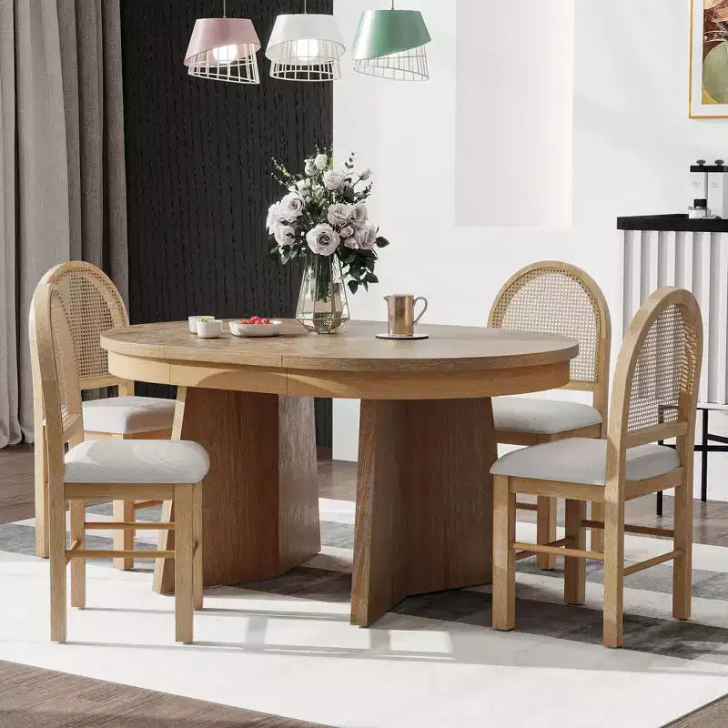 GDFStudio Harper 5 Piece Dining Set with Extendable Table and Upholstered Rattan-Back Chairs