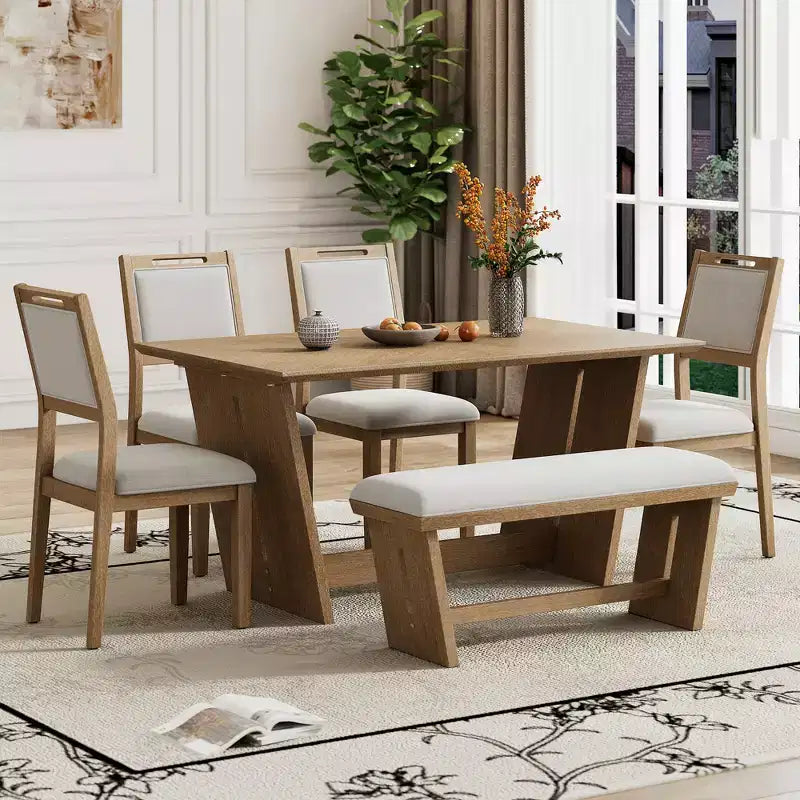 GDFStudio Herty 6 Piece Dining Set with 60 Rubberwood Kitchen Table and Upholstered Chairs & Bench
