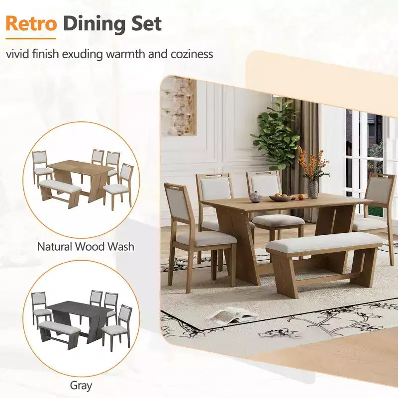 GDFStudio Herty 6 Piece Dining Set with 60 Rubberwood Kitchen Table and Upholstered Chairs & Bench