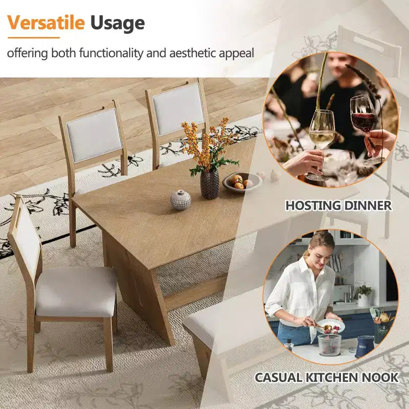 GDFStudio Herty 6 Piece Dining Set with 60 Rubberwood Kitchen Table and Upholstered Chairs & Bench