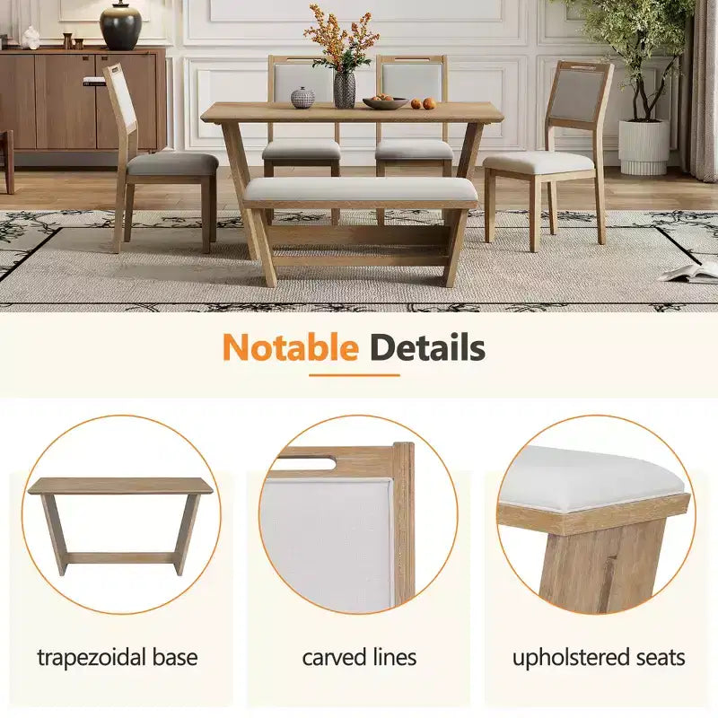 GDFStudio Herty 6 Piece Dining Set with 60 Rubberwood Kitchen Table and Upholstered Chairs & Bench