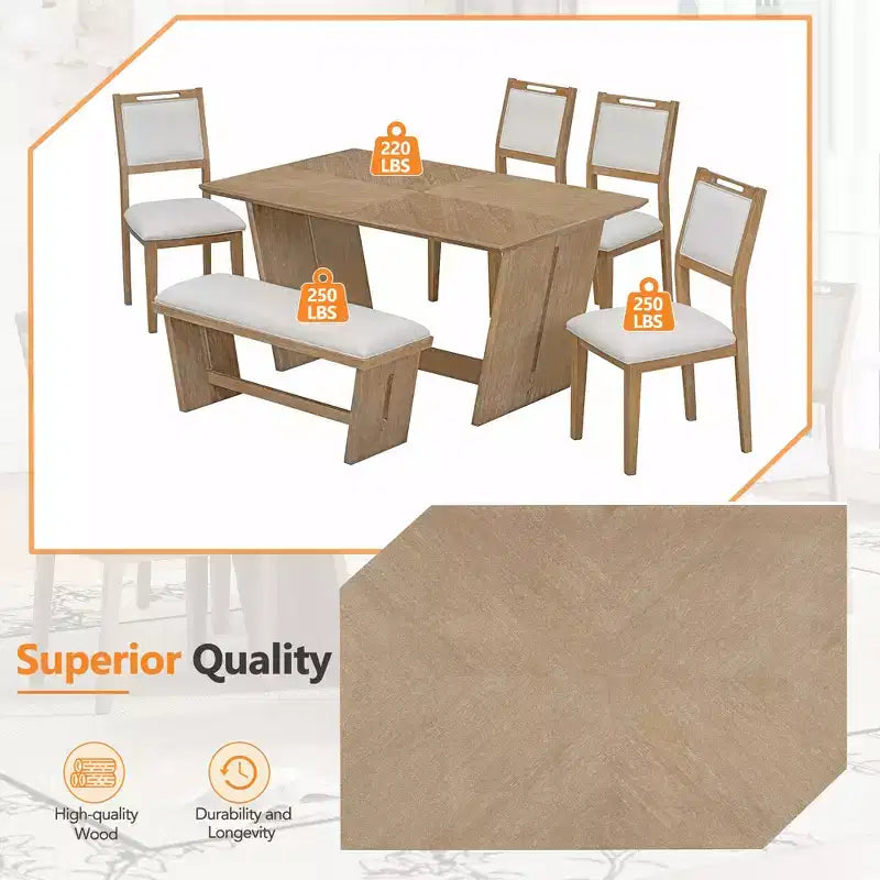 GDFStudio Herty 6 Piece Dining Set with 60 Rubberwood Kitchen Table and Upholstered Chairs & Bench