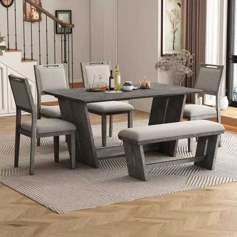 GDFStudio Herty 6 Piece Dining Set with 60 Rubberwood Kitchen Table and Upholstered Chairs & Bench