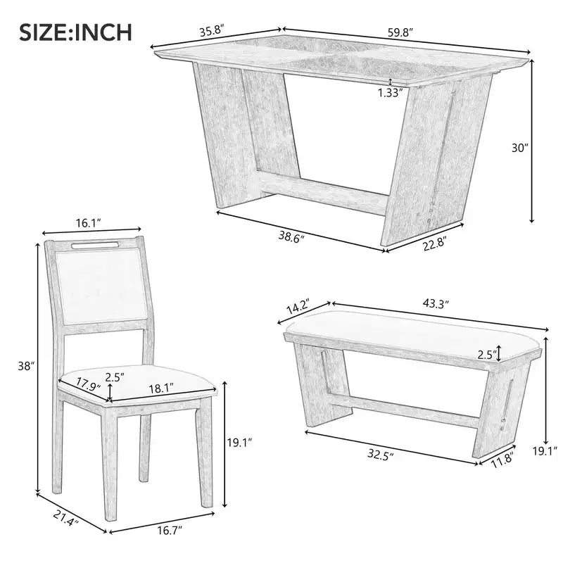 GDFStudio Herty 6 Piece Dining Set with 60 Rubberwood Kitchen Table and Upholstered Chairs & Bench