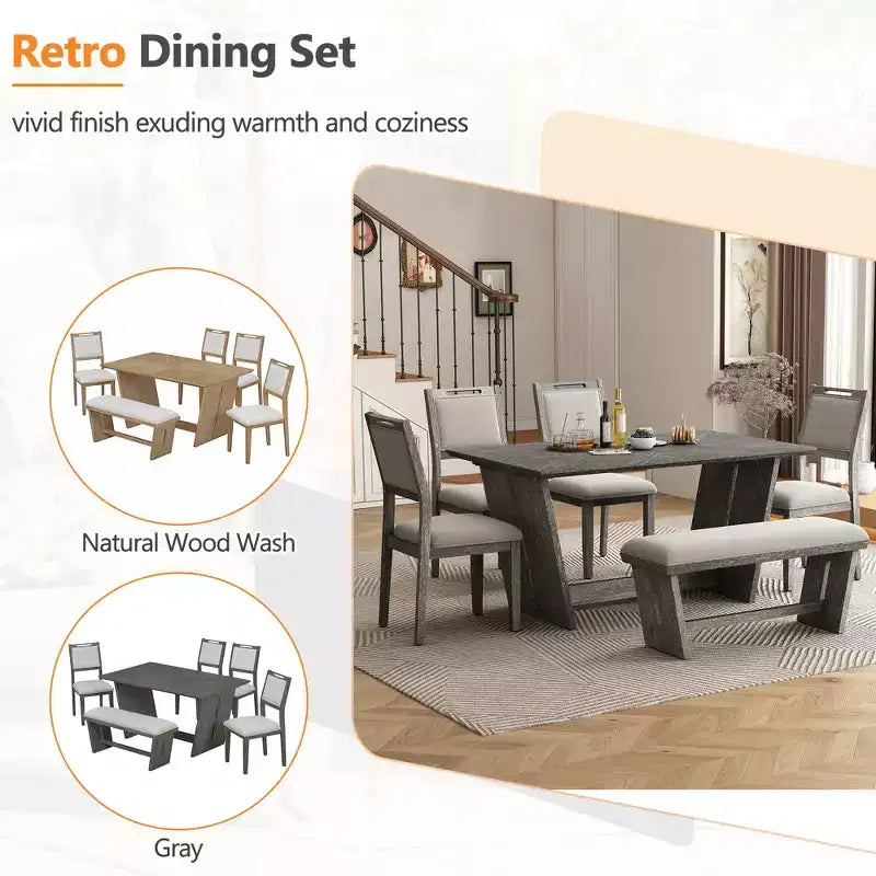 GDFStudio Herty 6 Piece Dining Set with 60 Rubberwood Kitchen Table and Upholstered Chairs & Bench