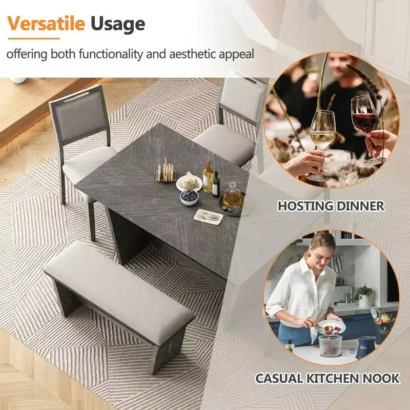GDFStudio Herty 6 Piece Dining Set with 60 Rubberwood Kitchen Table and Upholstered Chairs & Bench