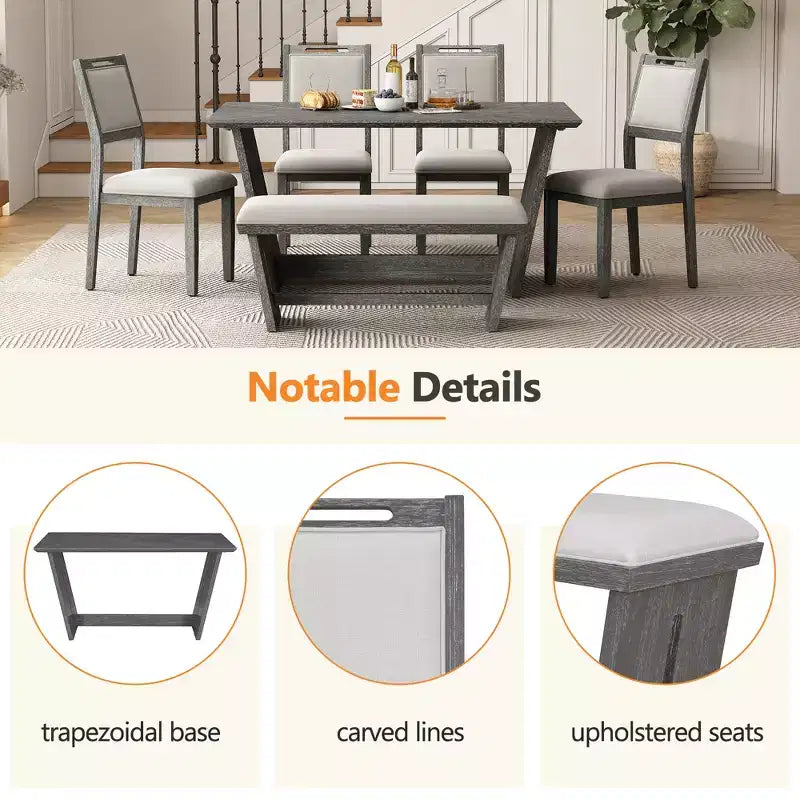 GDFStudio Herty 6 Piece Dining Set with 60 Rubberwood Kitchen Table and Upholstered Chairs & Bench