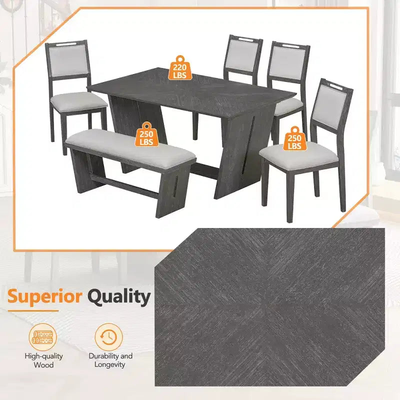 GDFStudio Herty 6 Piece Dining Set with 60 Rubberwood Kitchen Table and Upholstered Chairs & Bench