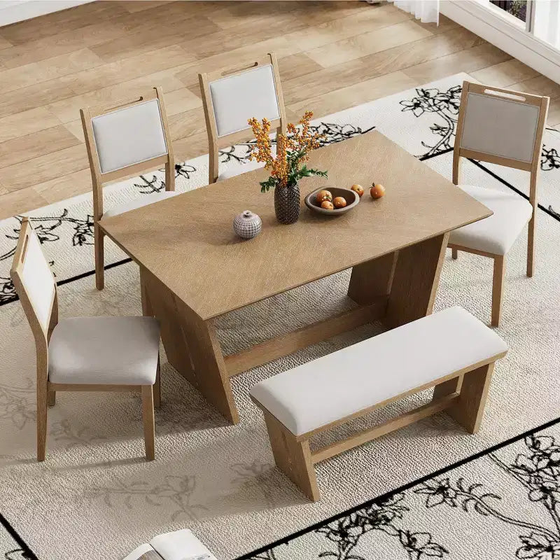 GDFStudio Herty 6 Piece Dining Set with 60 Rubberwood Kitchen Table and Upholstered Chairs & Bench