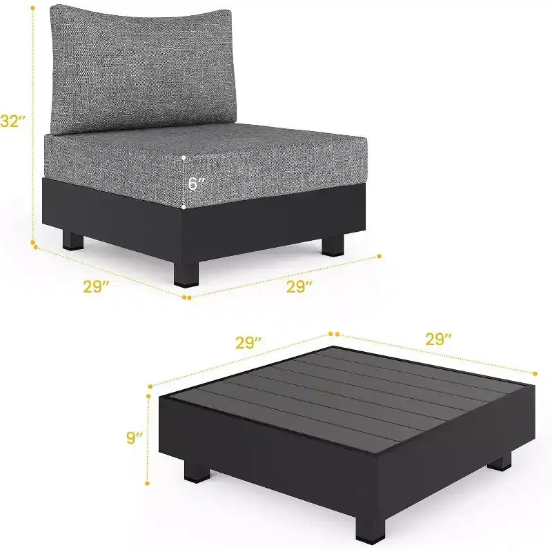 Heynemo 5 Pieces Aluminum Patio Furniture Set, Outdoor Sectional Sofa Conversation Sets with Coffee Table, Modular Armless Chairs Set for Pool, Grey