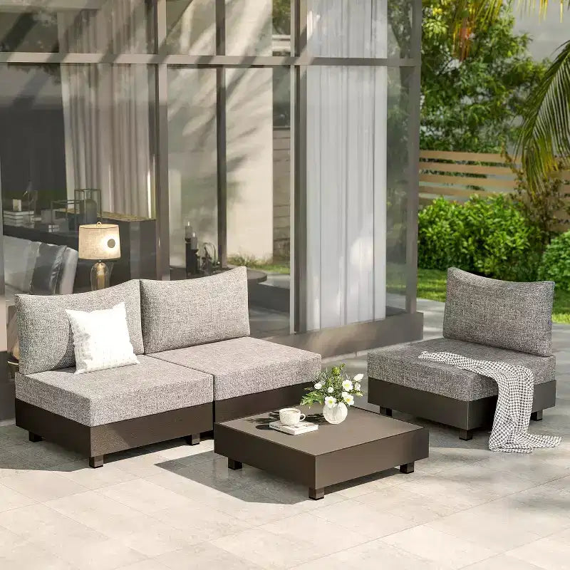 Heynemo 5 Pieces Aluminum Patio Furniture Set, Outdoor Sectional Sofa Conversation Sets with Coffee Table, Modular Armless Chairs Set for Pool, Grey