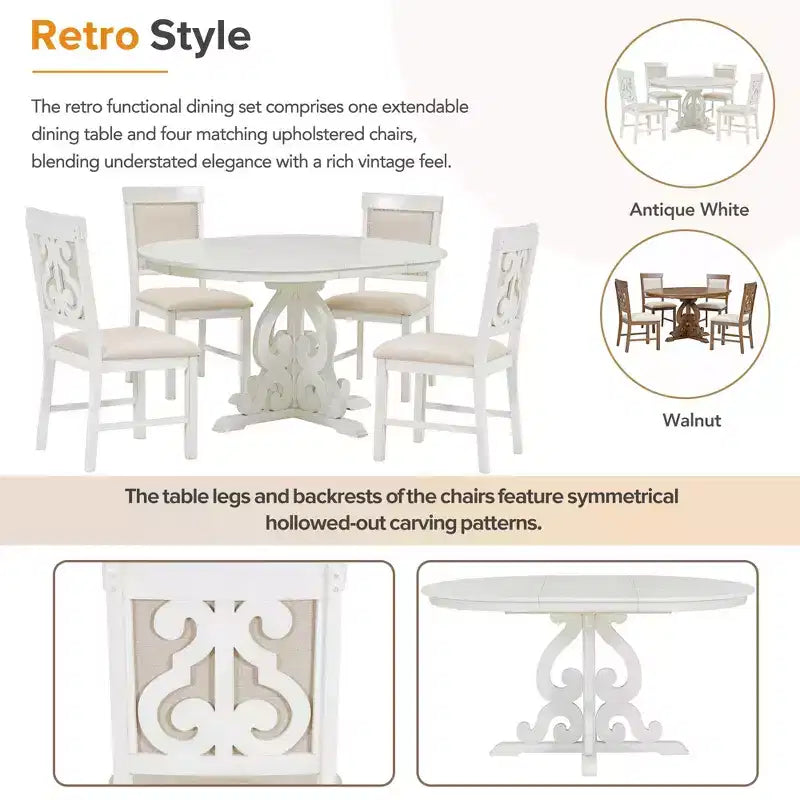 GDFStudio Ford 5 Piece Dining Set with Extendable Table and Upholstered Chairs