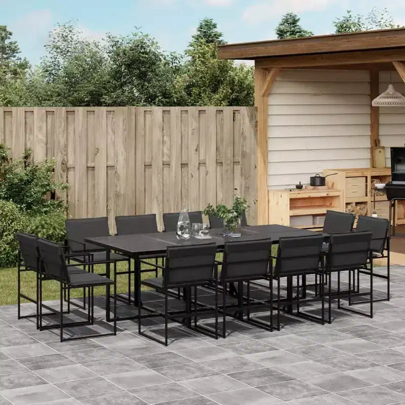 vidaXL Patio Dining Set with Cushions 13-Piece Black Textilene - Space-Saving Foldable Chair Design, UV Resistant, Tempered Glass Table