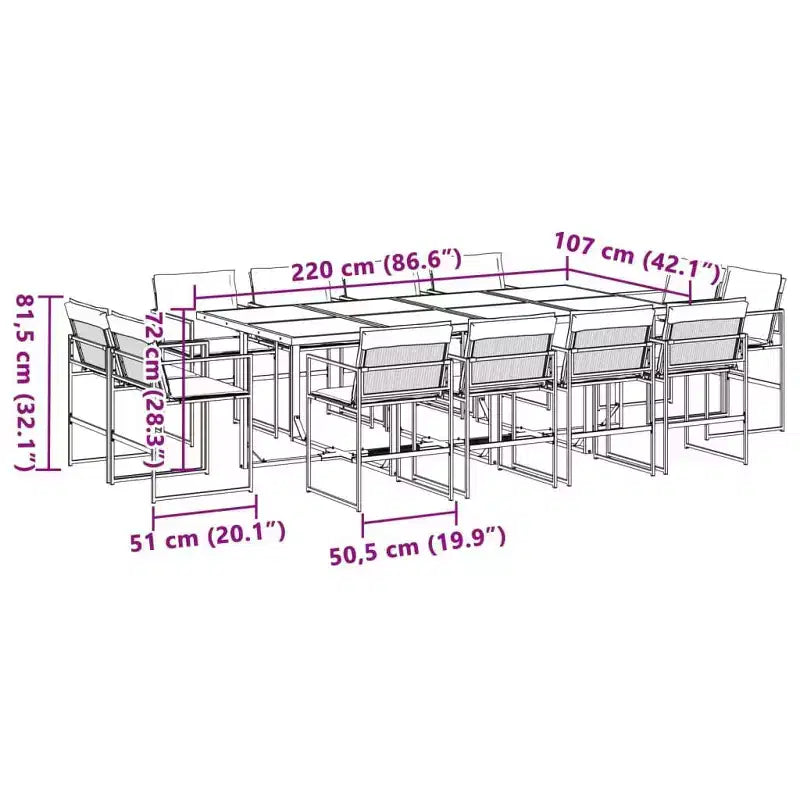 vidaXL Patio Dining Set with Cushions 13-Piece Black Textilene - Space-Saving Foldable Chair Design, UV Resistant, Tempered Glass Table