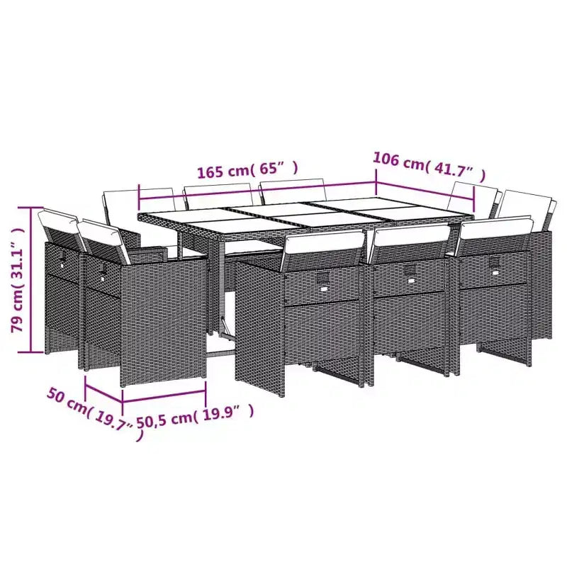 vidaXL Patio Dining Set of 10 Grey Poly Rattan 10-Seater Foldable