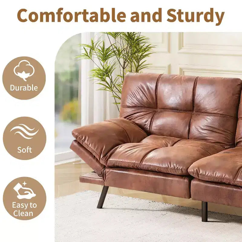 Dyonery 71 Faux Leather Convertible Futon Sofa Bed with Adjustable Backrest & Armrests, Comfy Loveseat Sleeper Couch for Compact Spaces