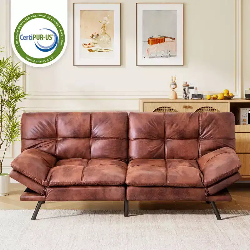 Dyonery 71 Faux Leather Convertible Futon Sofa Bed with Adjustable Backrest & Armrests, Comfy Loveseat Sleeper Couch for Compact Spaces